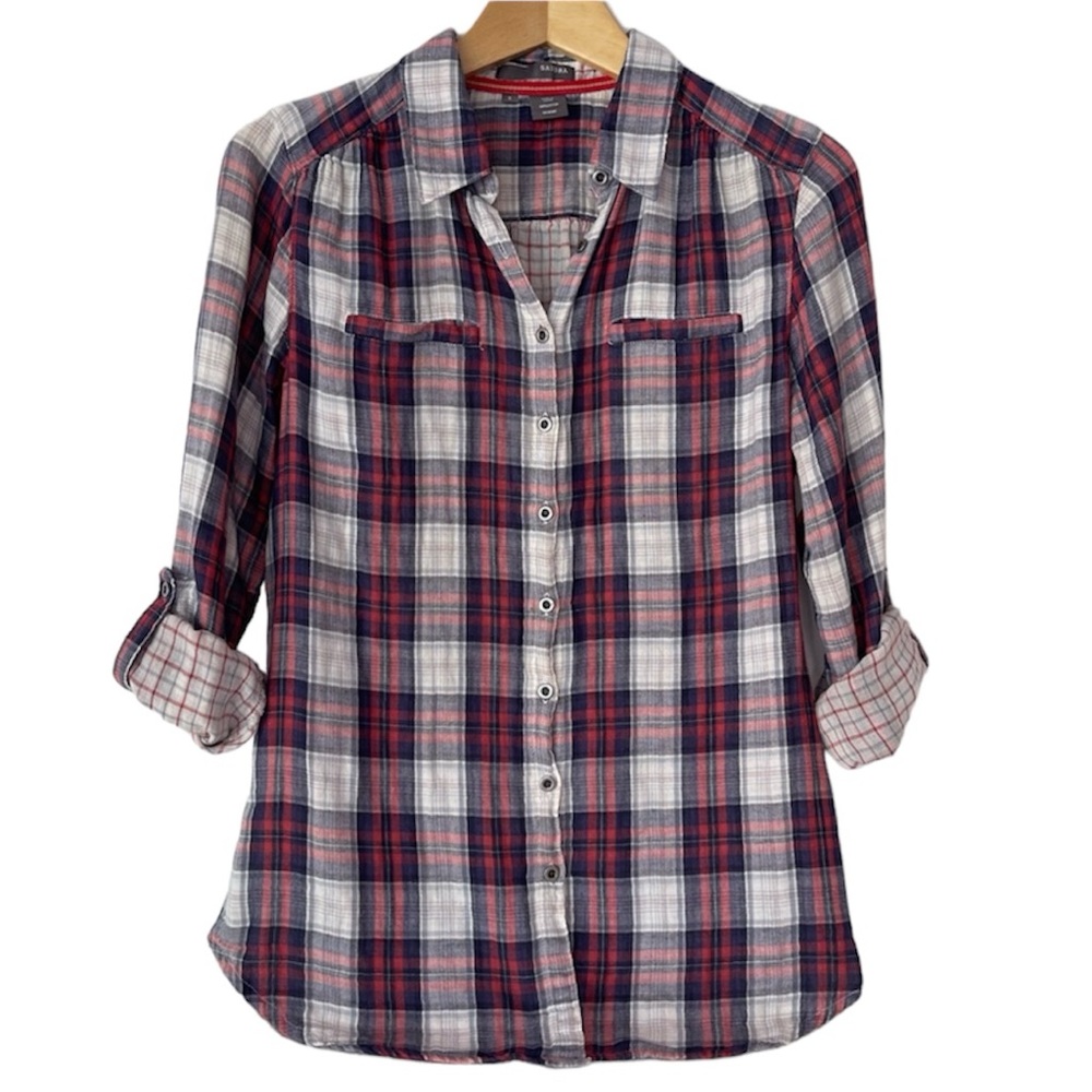 Sandra Ingrish Flannel Button Up Top Plaid Roll Sleeve Women’s Size Small